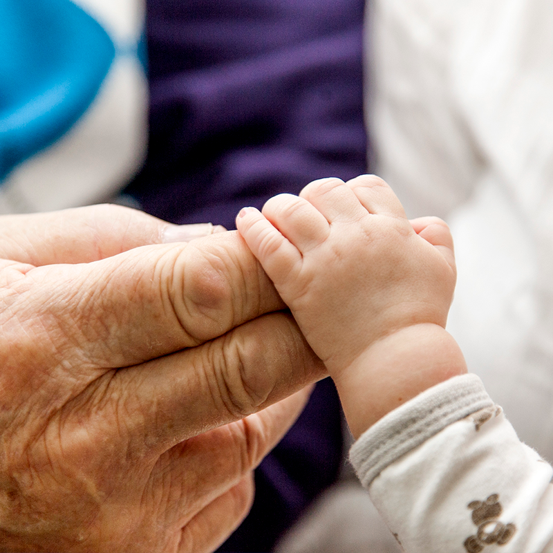 Lähikuva käsistä. Vauva pitää kiinni isovanhemman sormista. En närbild av händer. Ett spädbarn håller i en mor- eller farförälders fingrar.